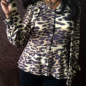 Pleated Leopard Print Blouse with Tie Collar